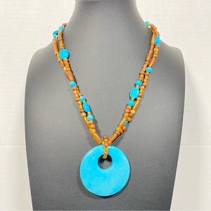 Coldwater Creek Blue Turquoise Horn Disc on Double Strand Beaded Necklace NWT